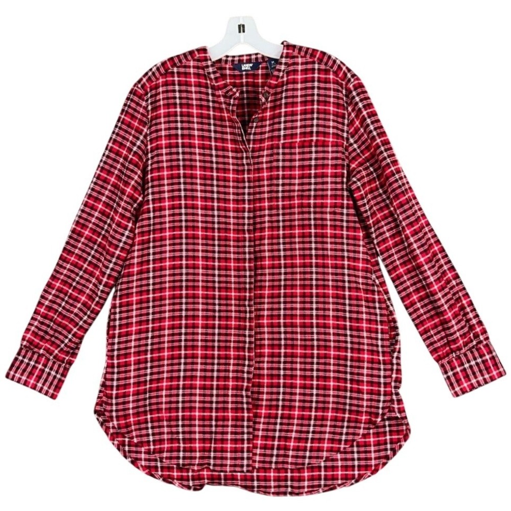 Lands End Womens Tunic Shirt Medium 10-12 Red Plaid Flannel‎ Cotton Oversized